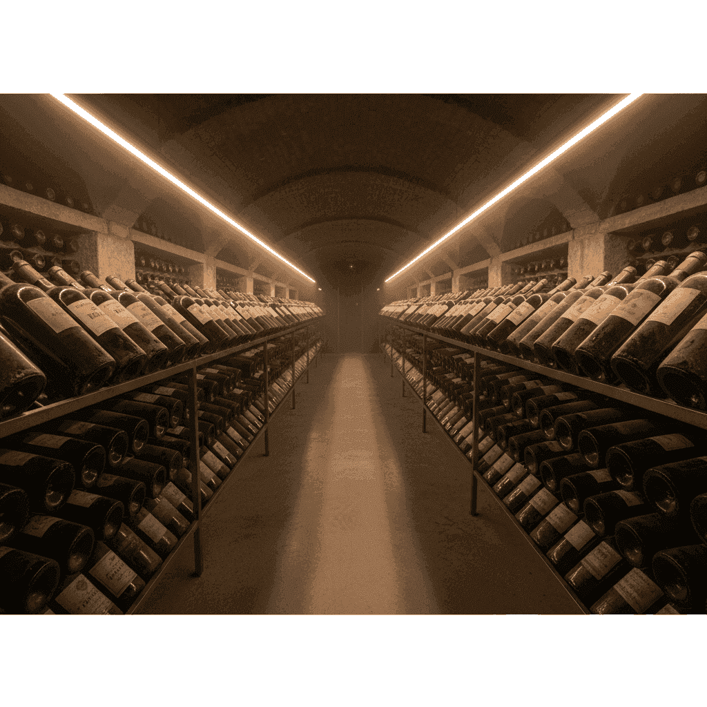 Rows of aged wine bottles in a dark, cool cellar