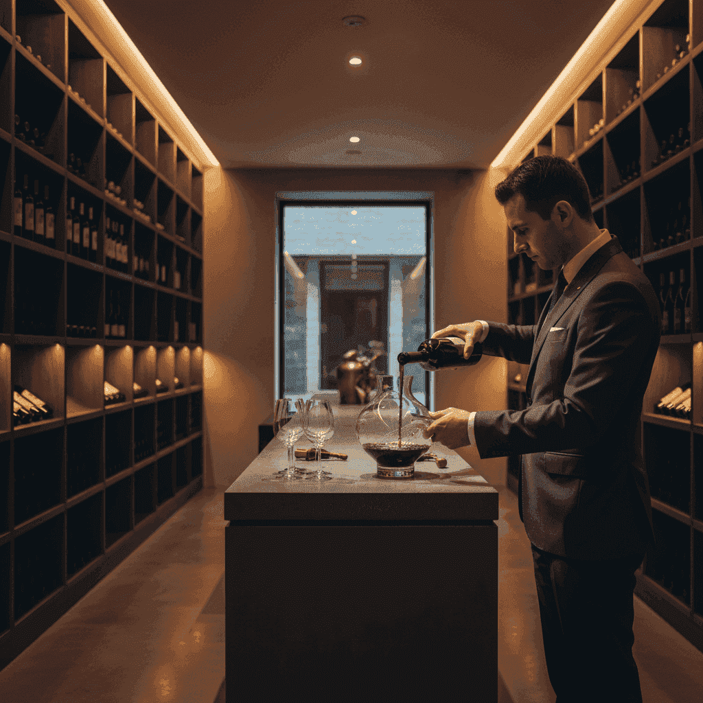 A sommelier carefully decanting an aged red wine