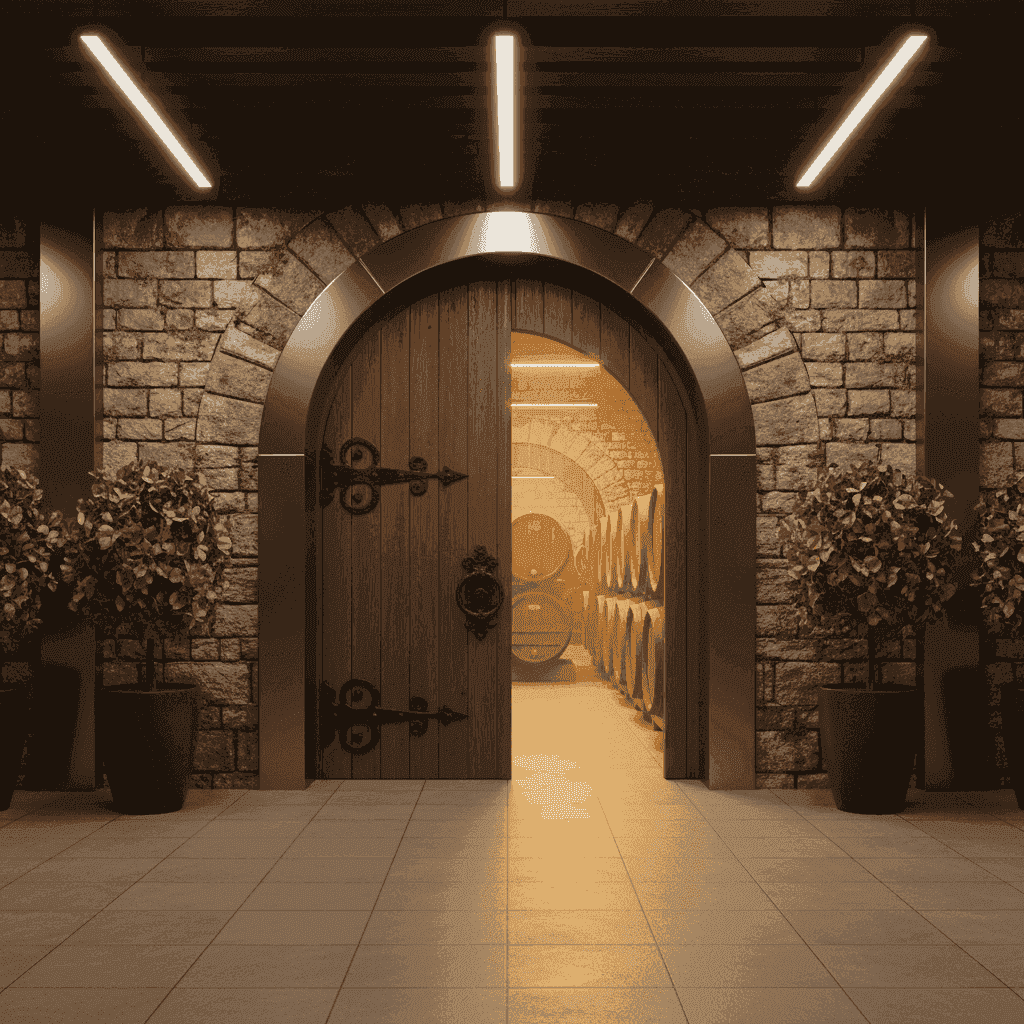 A grand archway entrance to an old, well-maintained wine cellar