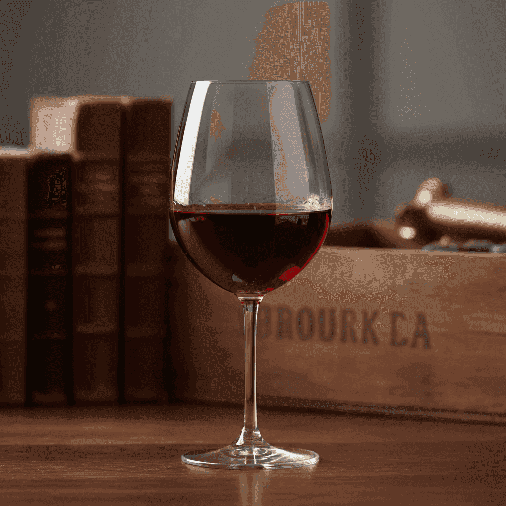 A glass of aged red wine with a brick-red hue, showing its evolution