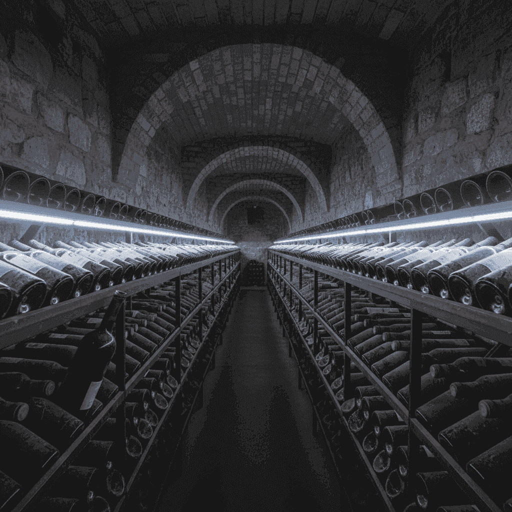 Rows of wine bottles neatly stored on their side in a dark, temperature-controlled cellar