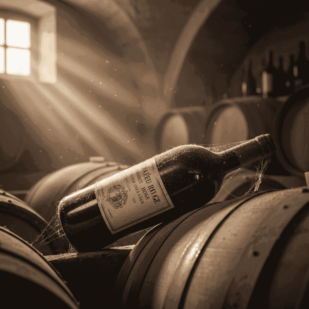 A dusty, aged bottle of red wine with a label from a prestigious region, suggesting long-term cellaring
