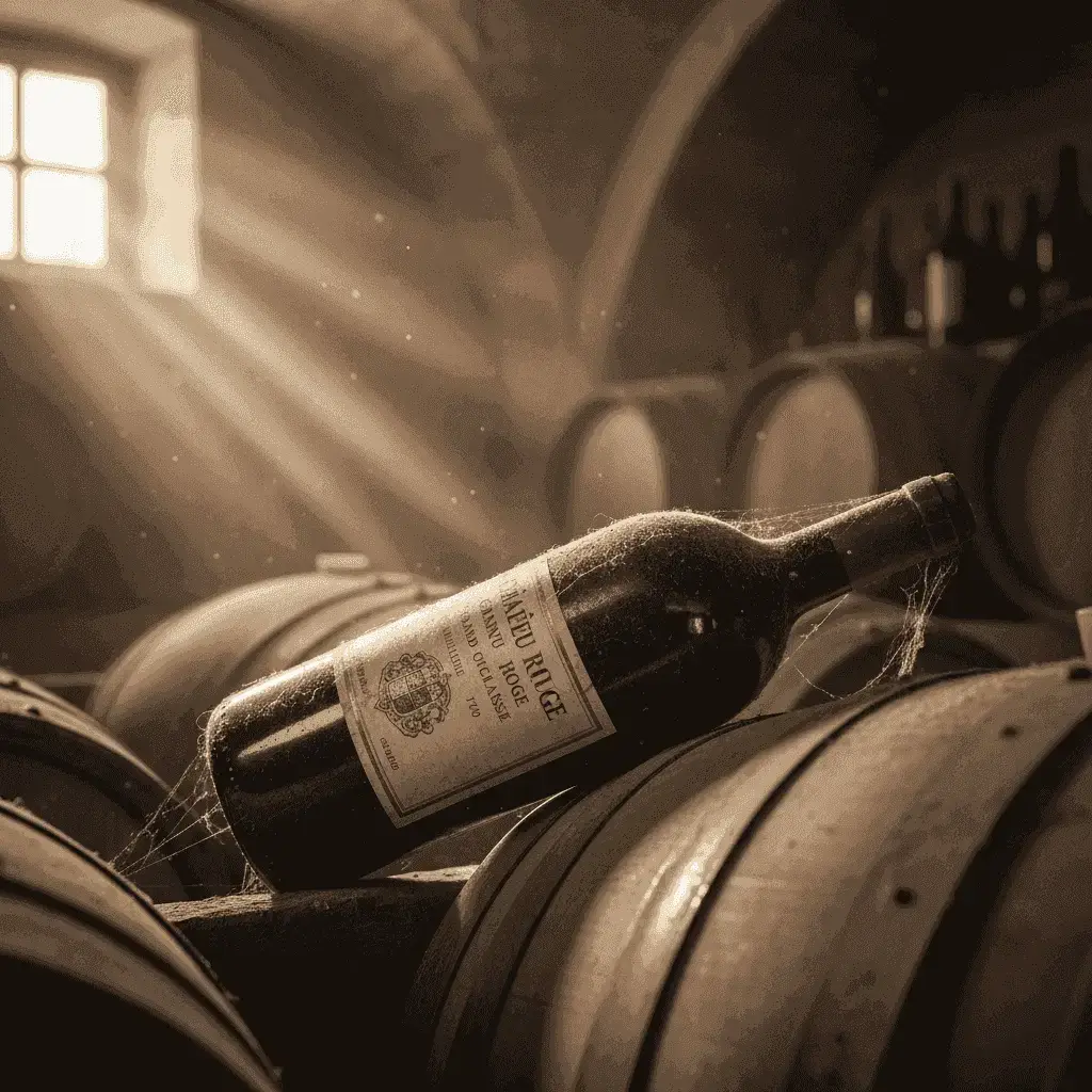 Eine staubige, gereifte Rotweinflasche mit einem Etikett aus einer prestigeträchtigen Region, die eine Langzeitlagerung suggeriert