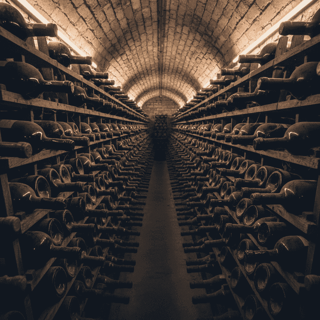 Rows of aging wine bottles in a dimly lit, cool cellar.