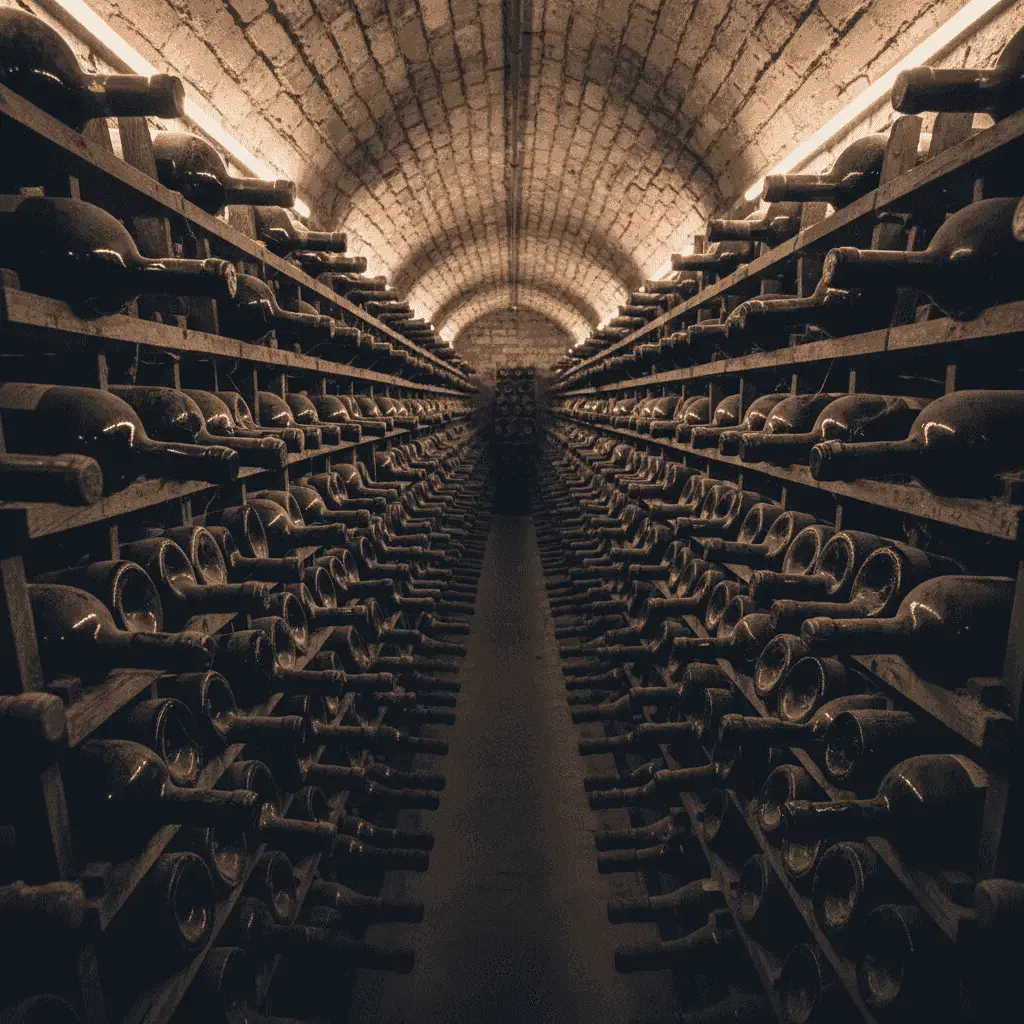 Rows of aging wine bottles in a dimly lit, cool cellar.