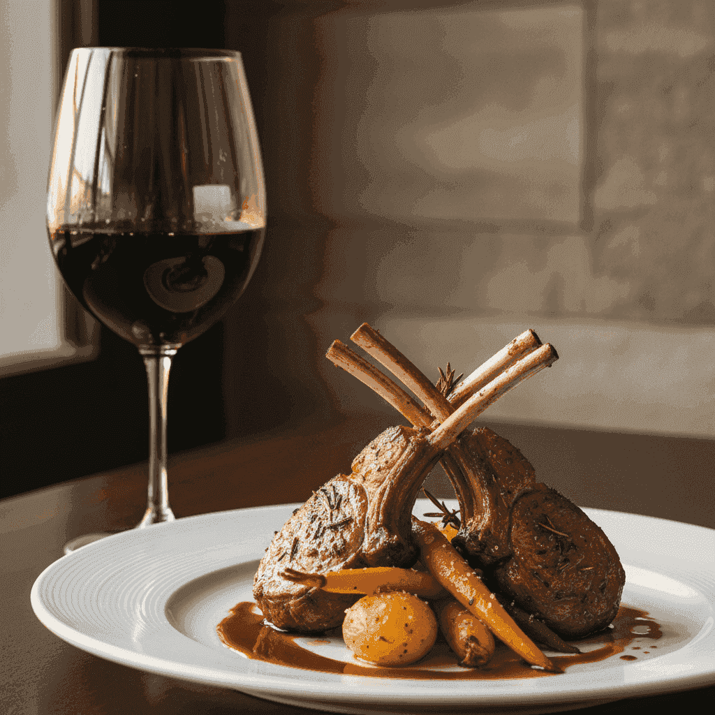A glass of aged red wine next to a plate of roasted lamb and vegetables.
