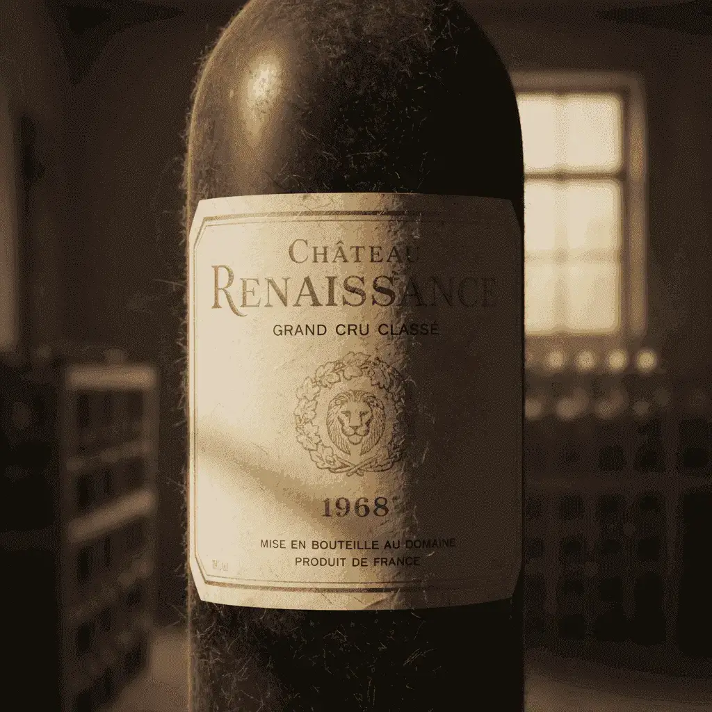 Close-up of an aged wine bottle's label, showing the vintage and producer details.