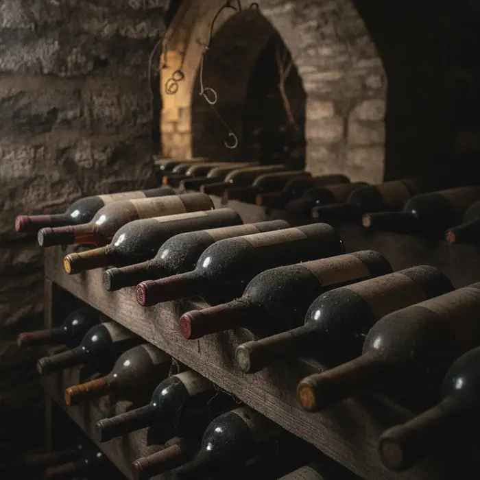 Bottles of wine aging on racks in a dark cellar