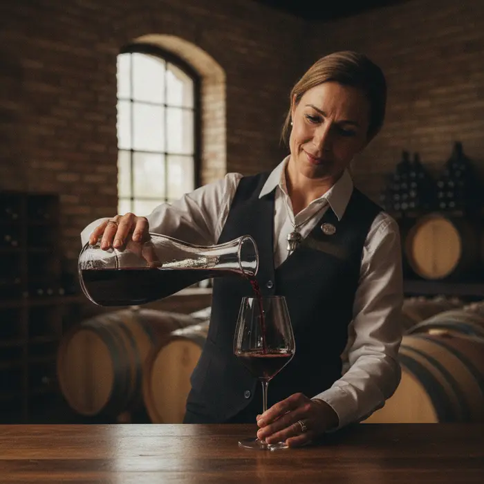 A sommelier pouring an aged vintage wine from a decanter