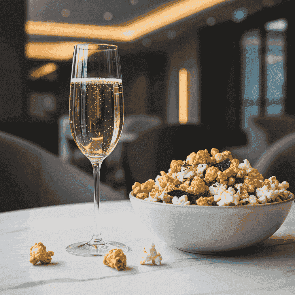Gourmet popcorn in a bowl next to a glass of champagne