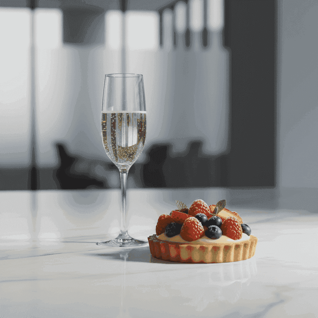 Elegant fruit tart with berries next to a glass of champagne