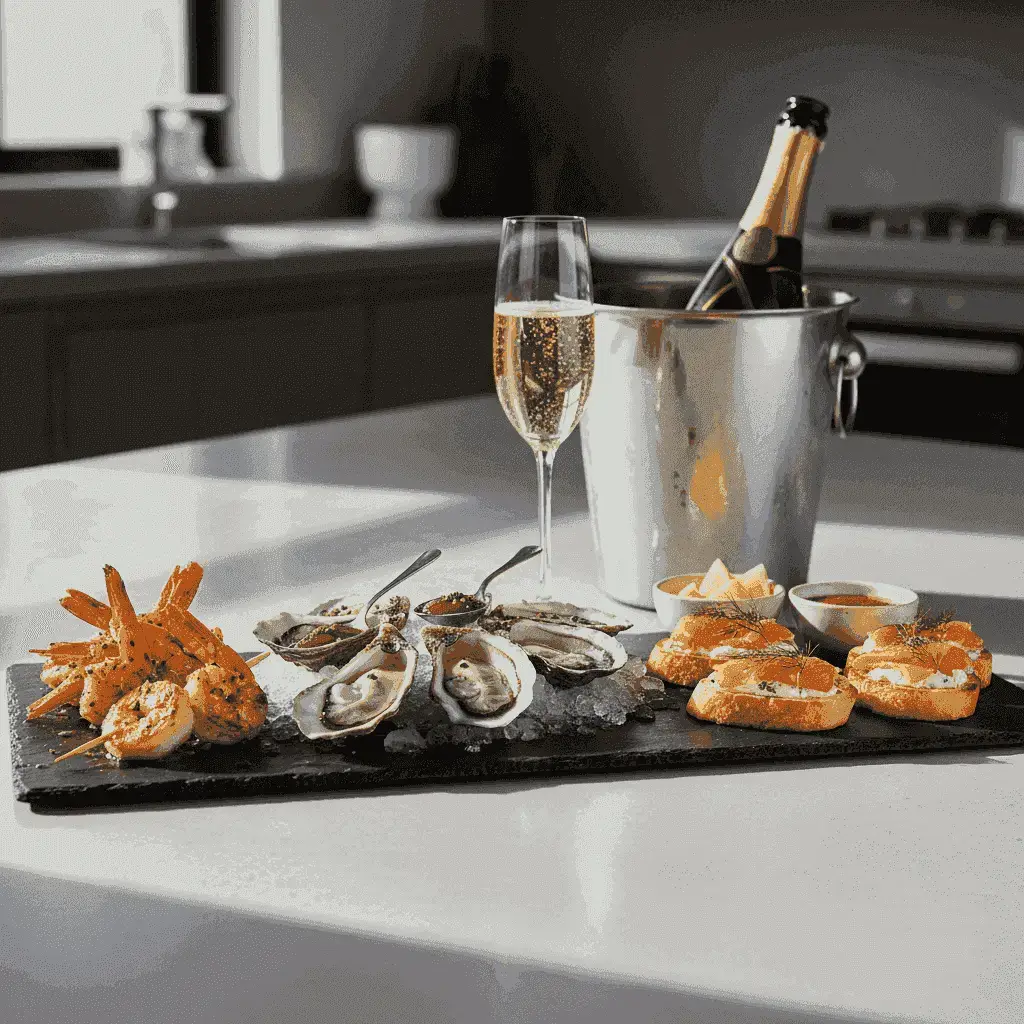 Eine Platte mit verschiedenen Meeresfrüchte-Snacks, darunter Garnelen und Austern, gepaart mit Champagner