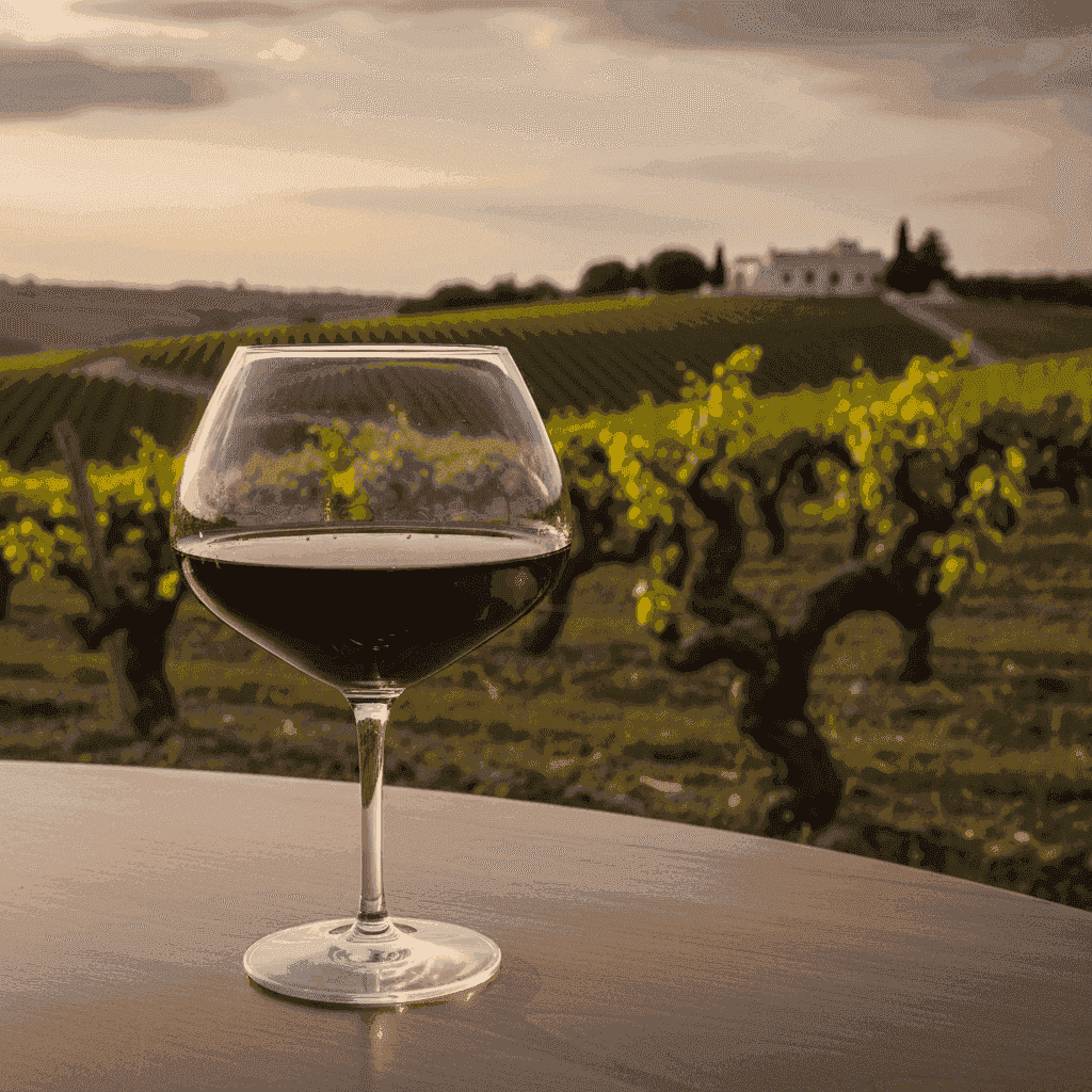 Glass of rich red Primitivo wine against a vineyard backdrop