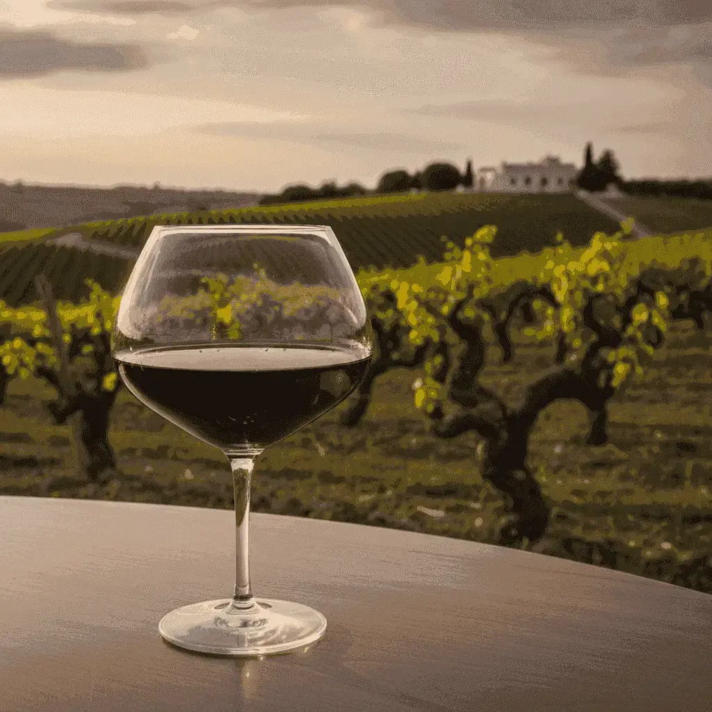 Copa de vino Primitivo tinto intenso con un viñedo de fondo