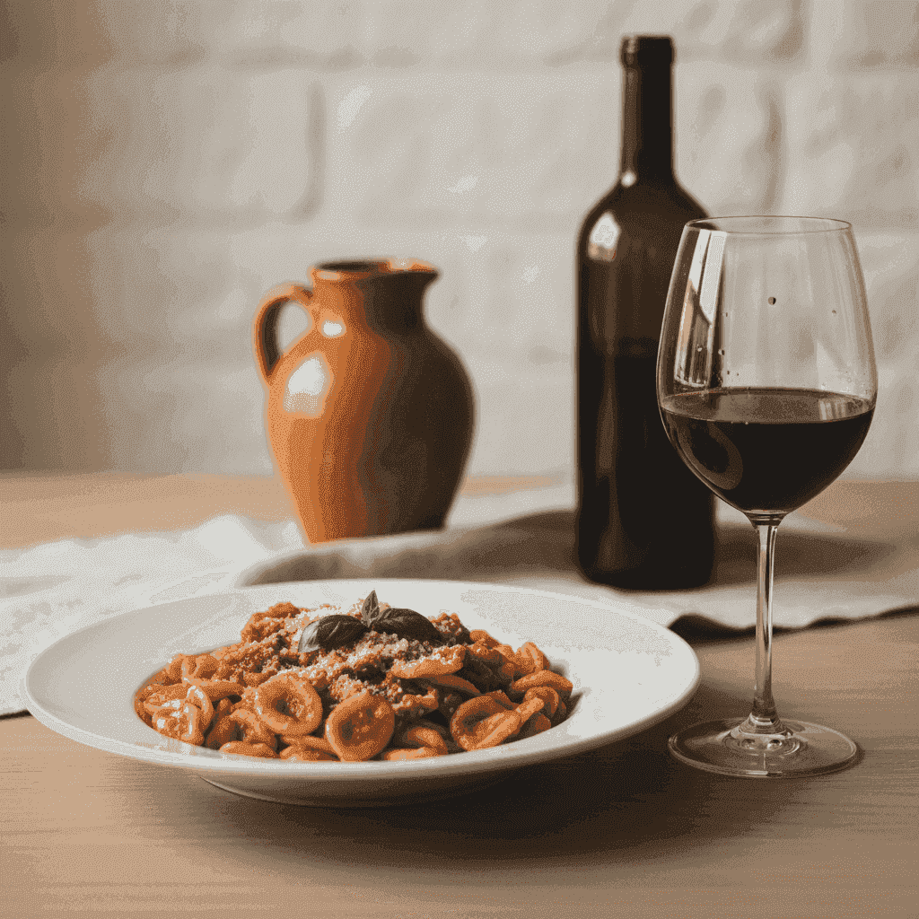 Traditional Puglian orecchiette pasta paired with a glass of red wine