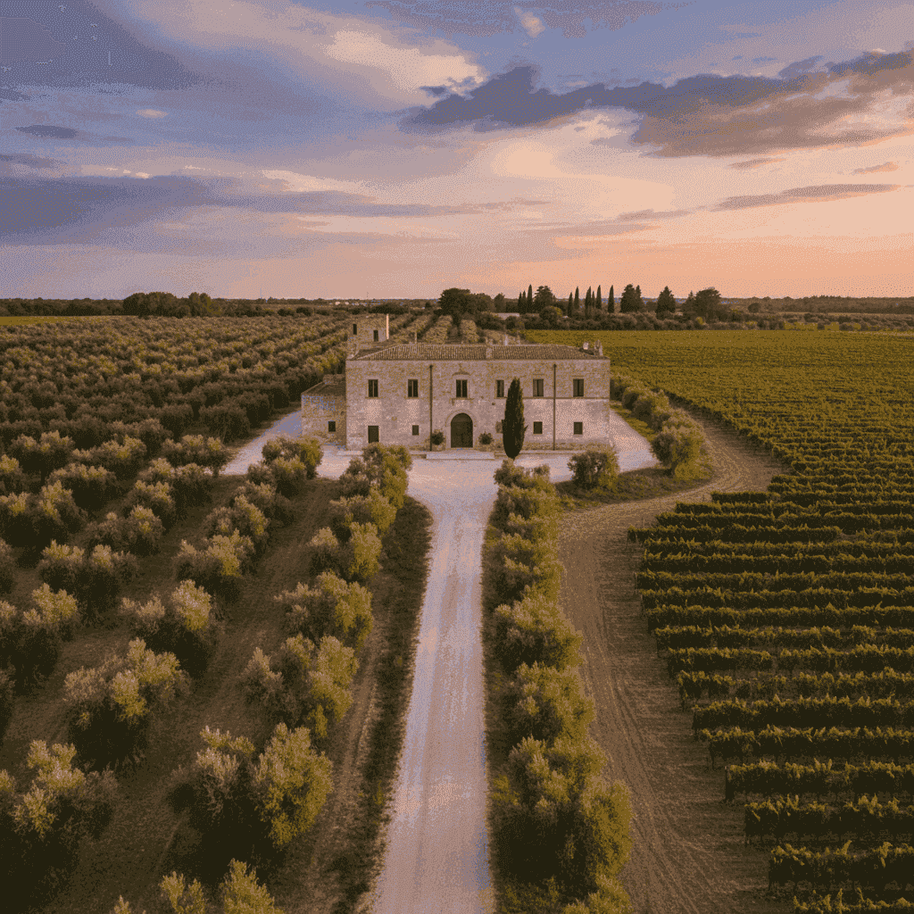 Historic Masseria winery in Puglia surrounded by olive groves and vineyards
