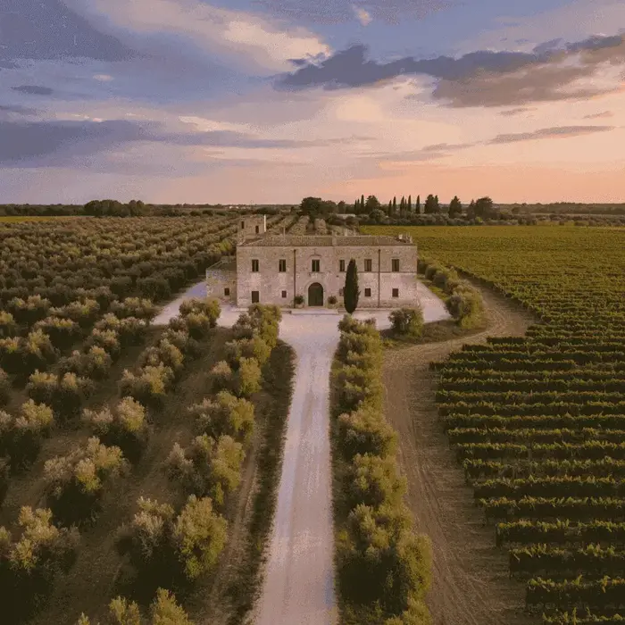 Bodega histórica Masseria en Puglia rodeada de olivares y viñedos