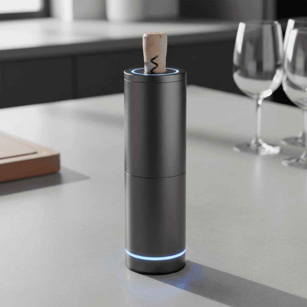 An electric wine bottle opener in action, effortlessly removing a cork.