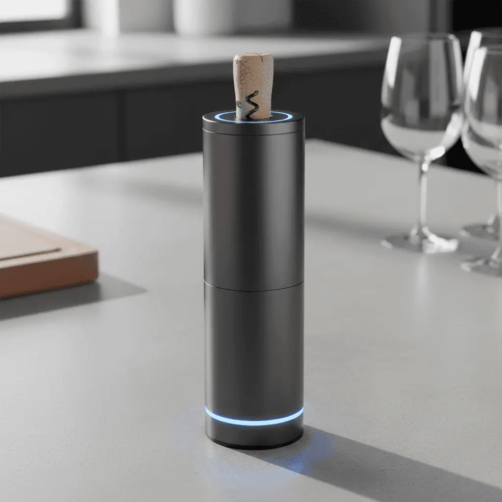 An electric wine bottle opener in action, effortlessly removing a cork.
