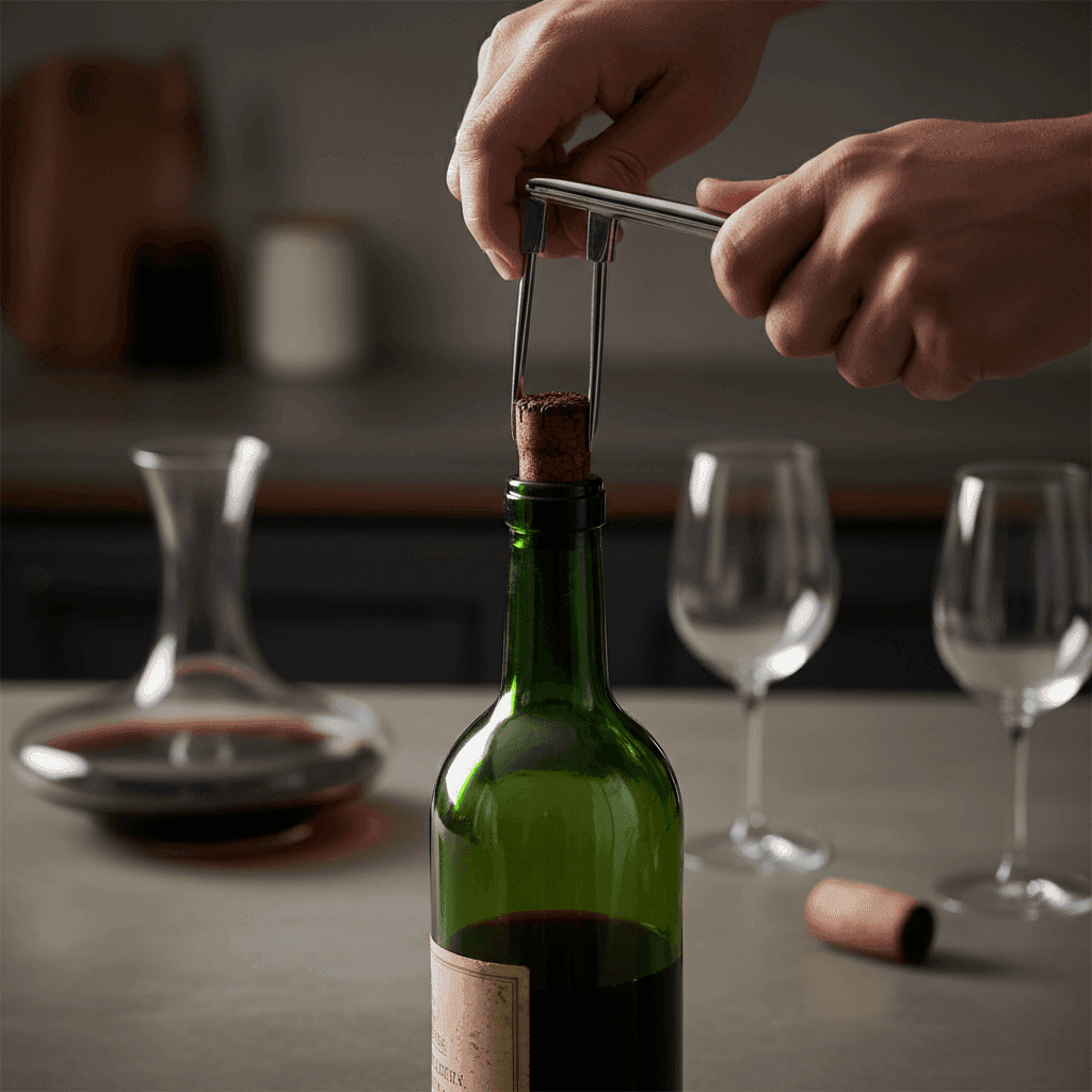 An Ah-So wine opener carefully removing a cork from a vintage wine bottle.
