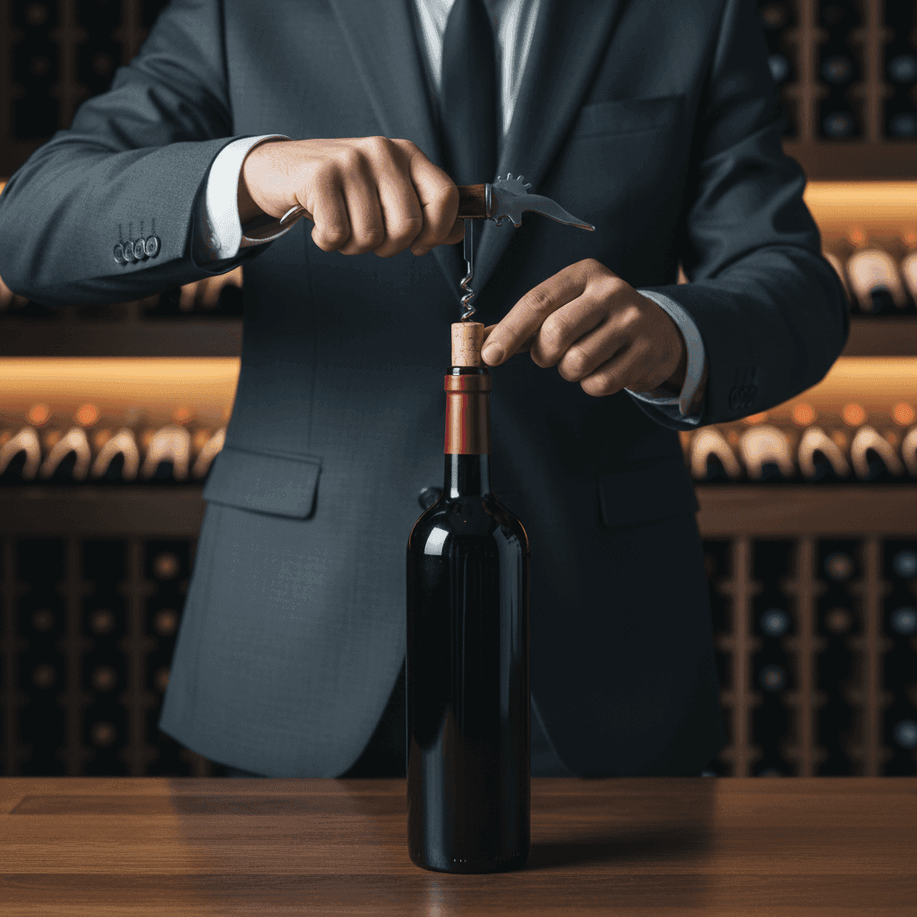 A sommelier skillfully using a waiter's corkscrew to open a bottle of red wine.