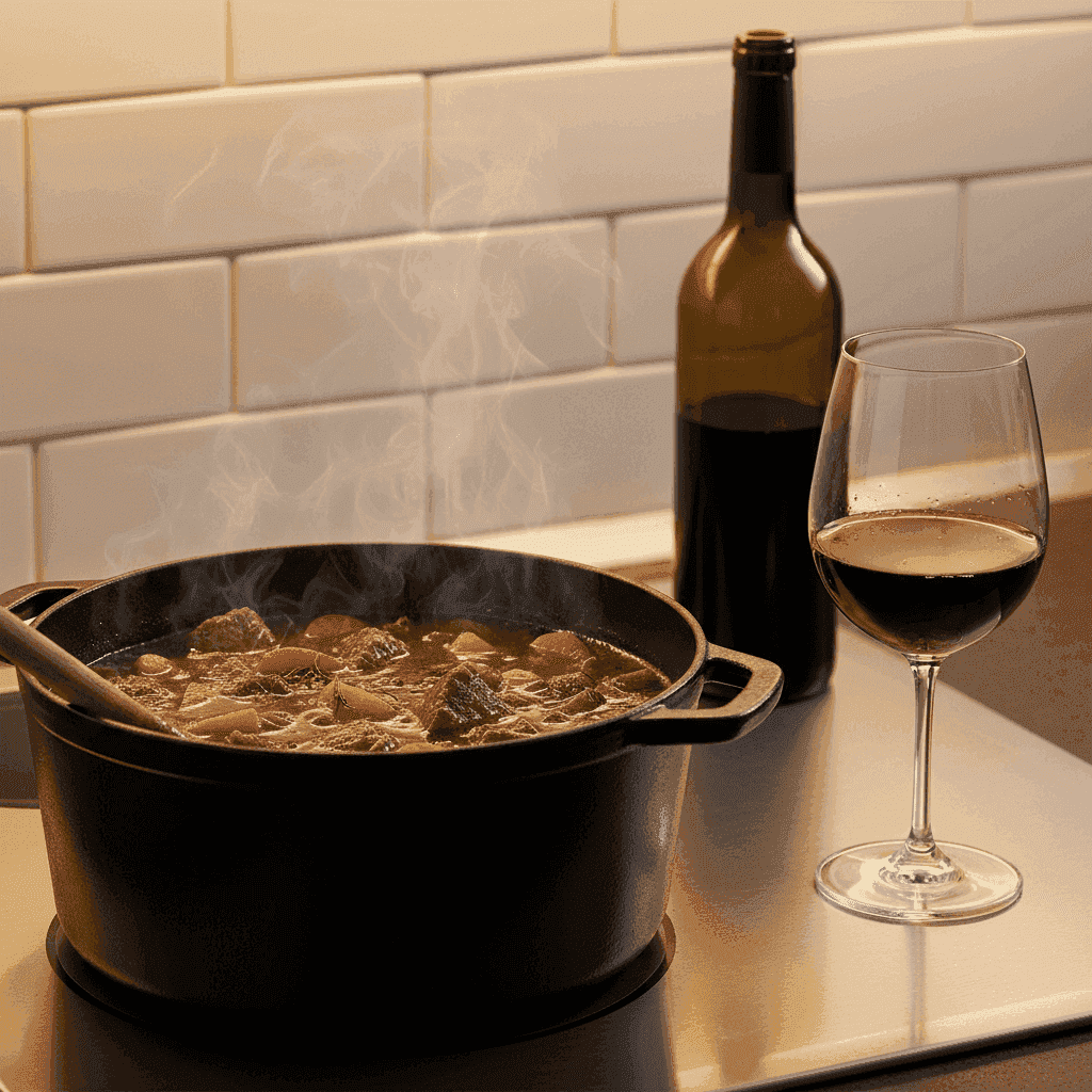 A rich beef stew simmering in a Dutch oven with a glass of red wine next to it