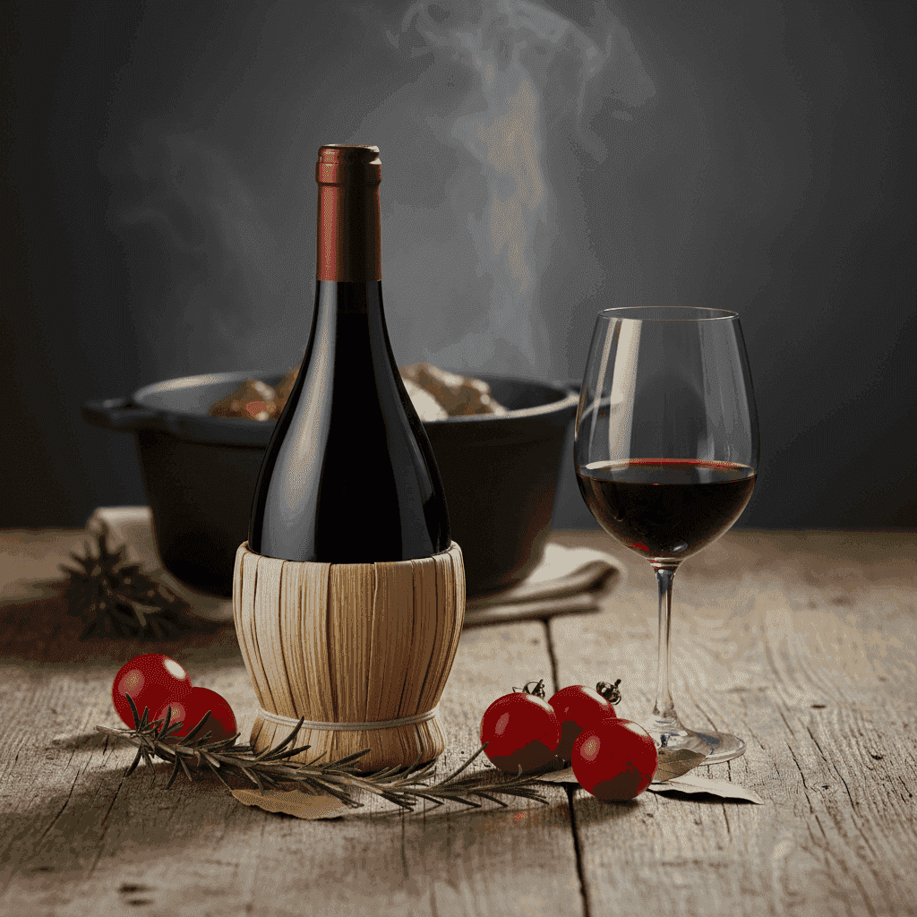 A bottle of Chianti wine on a rustic table