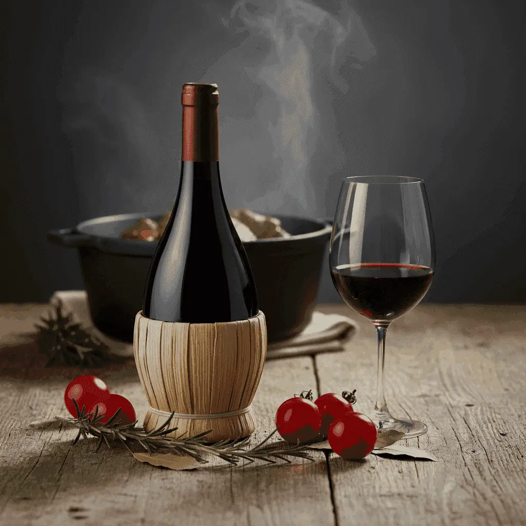 A bottle of Chianti wine on a rustic table