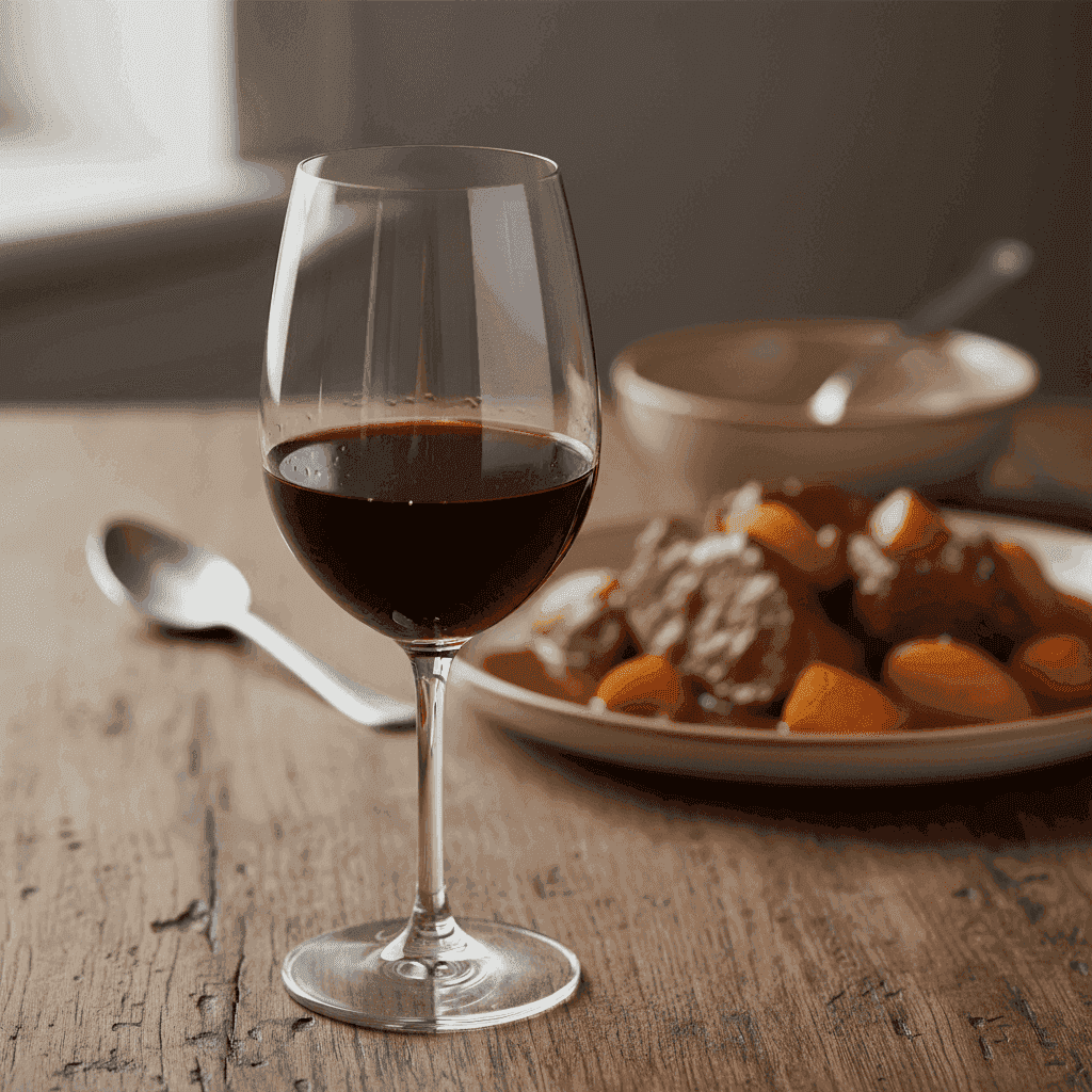 A glass of dark red Cabernet Sauvignon wine on a wooden table
