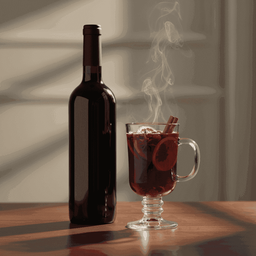 Bottle of Merlot wine next to a glass of mulled wine