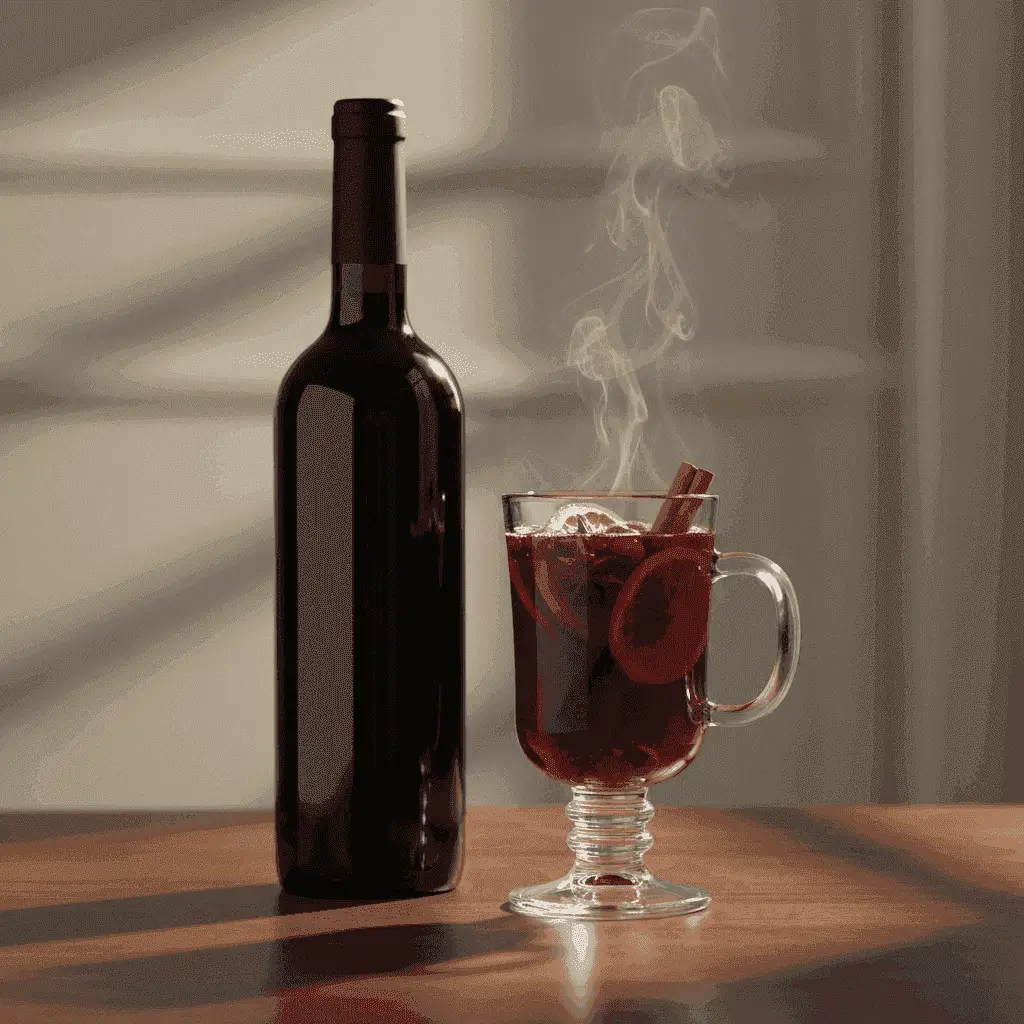 Bottle of Merlot wine next to a glass of mulled wine