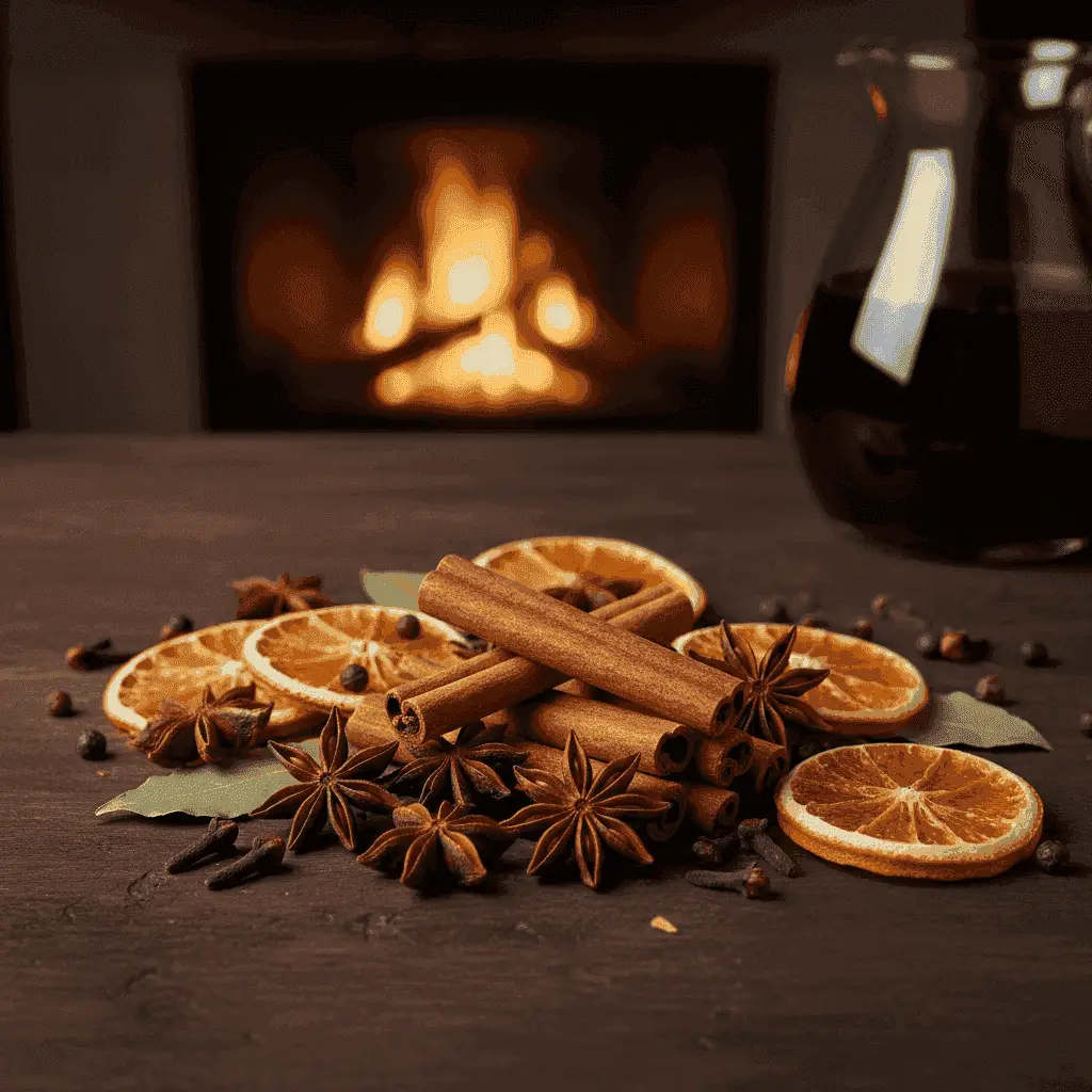 Assortment of mulled wine spices: cinnamon, star anise, cloves, and dried orange slices
