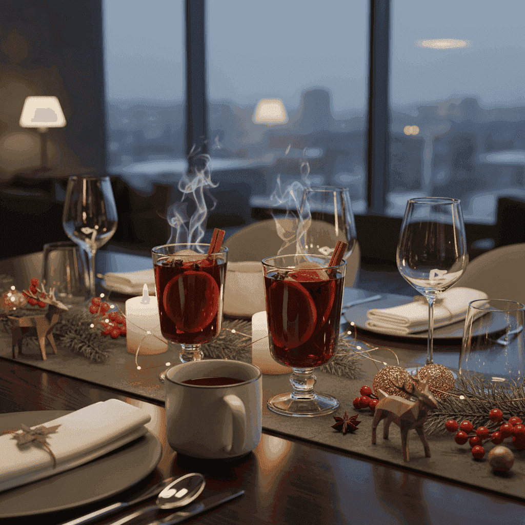 A festive table with mulled wine in glasses, surrounded by holiday decorations