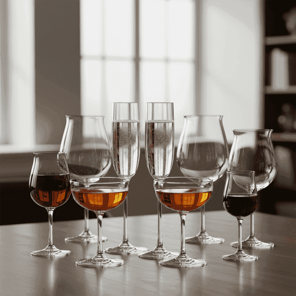 Different types of glasses for sparkling and dessert wines
