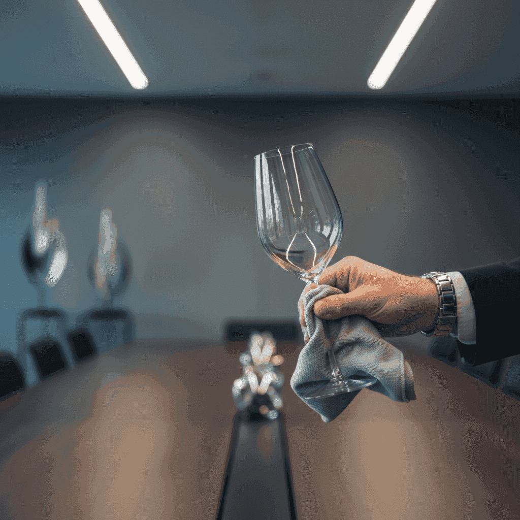 Hand polishing a crystal wine glass with a microfibre cloth