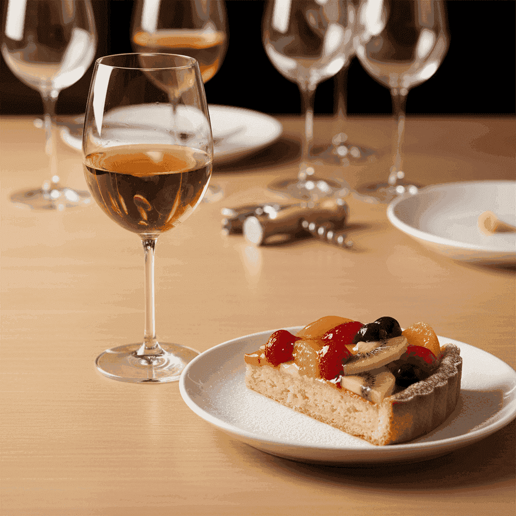 Glass of Sauternes with a fruit tart on a table