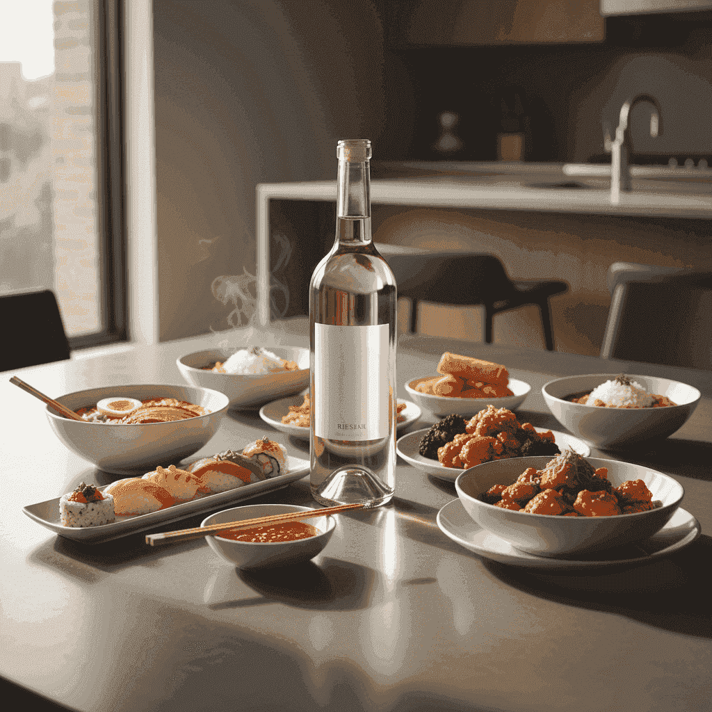 Variety of Asian dishes with a bottle of Riesling