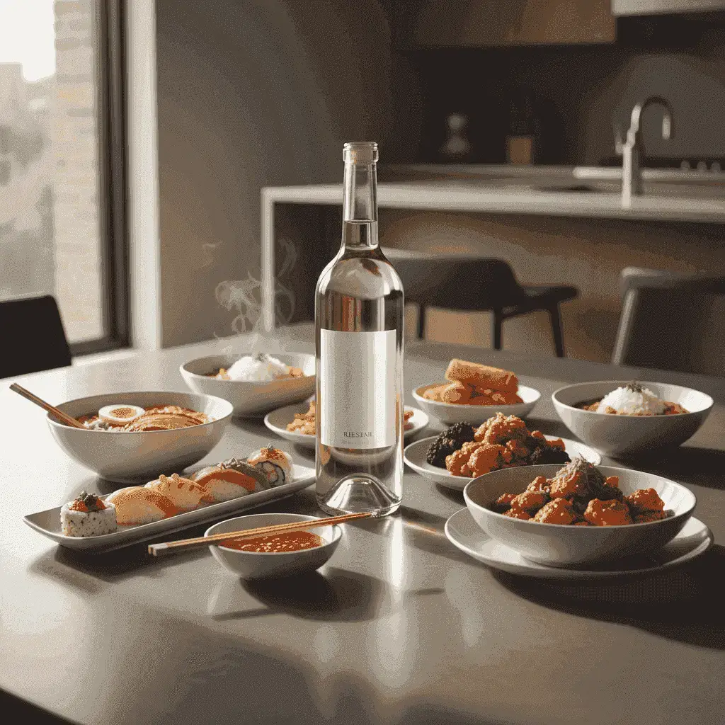 Разнообразие азиатских блюд с бутылкой Рислинга