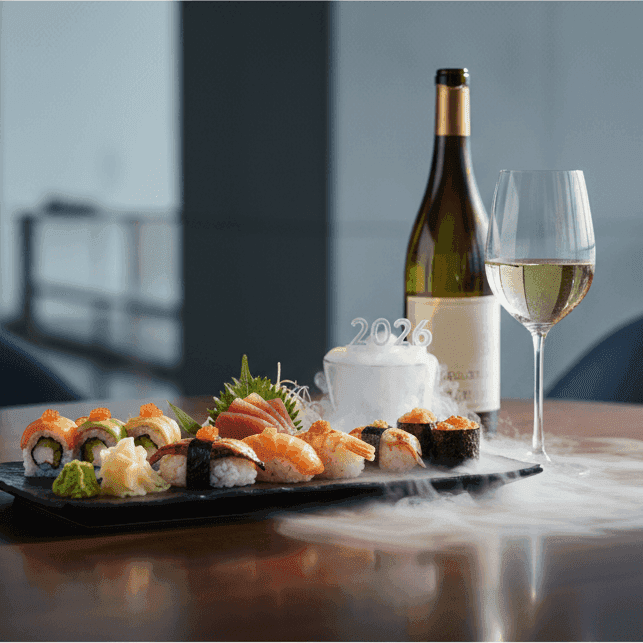 A beautifully arranged sushi platter with a glass of white wine beside it.