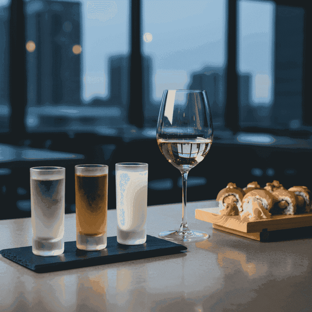 A flight of sake glasses next to a glass of white wine, showing different pairing options.