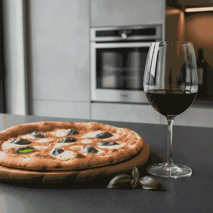 Margherita pizza with a glass of red wine, basil leaves