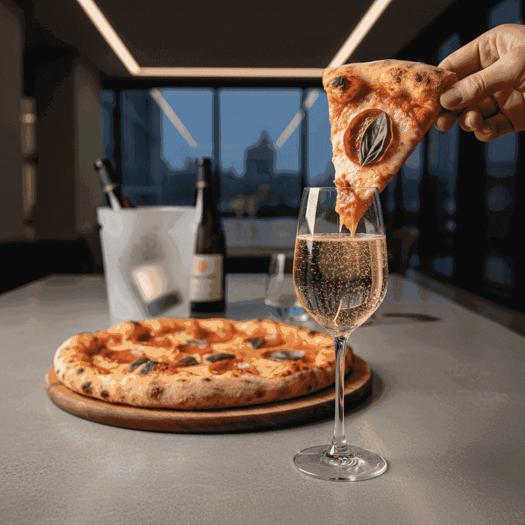 A pizza slice with a glass of sparkling wine