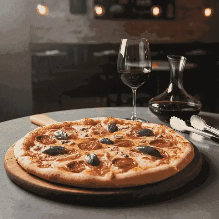 A gourmet pizza with various cheeses and cured meats, paired with a glass of red wine.