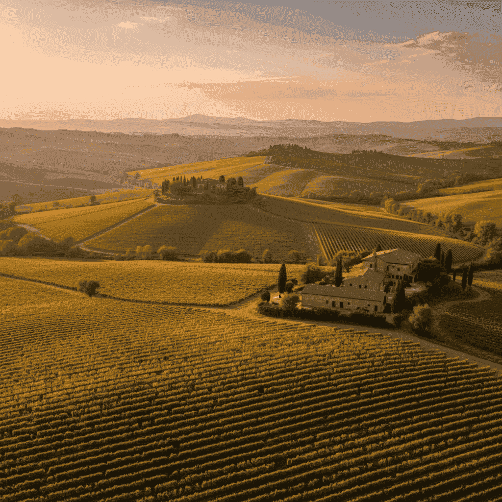 Rolling vineyards in Tuscany, Italy, bathed in golden sunlight