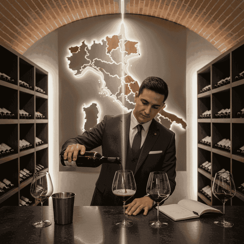 A sommelier pouring red wine during a tasting in an Italian cellar