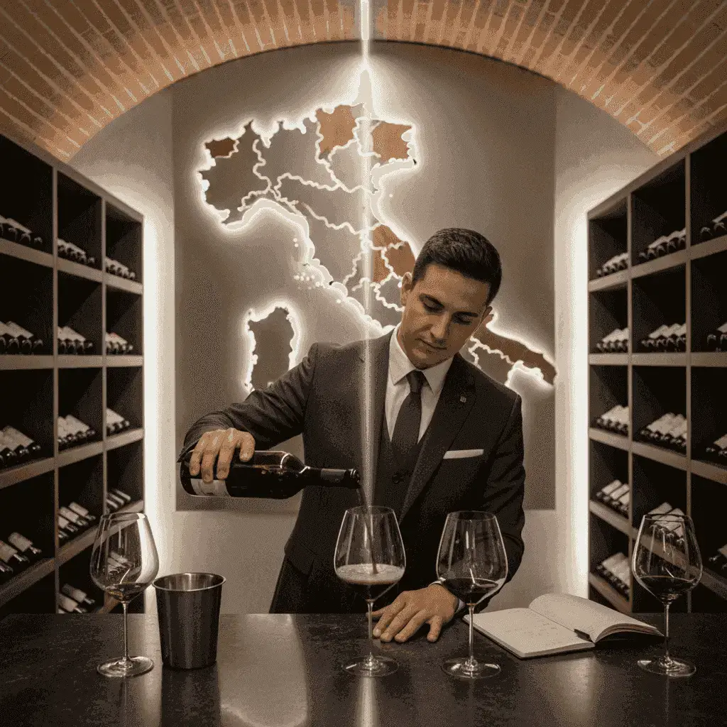 Ein Sommelier gießt Rotwein während einer Verkostung in einem italienischen Keller ein