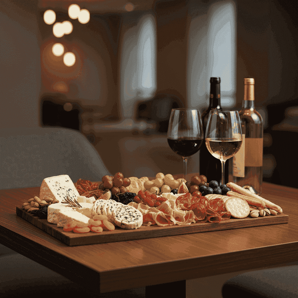 A beautifully arranged charcuterie board with a selection of cheeses, cured meats, fruits, nuts, and crackers, paired with red and white wines.