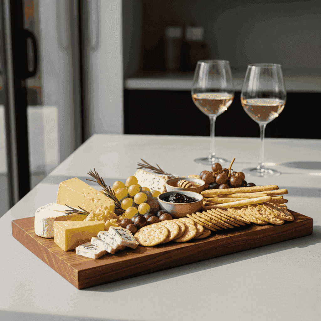 A variety of cheeses, grapes, and crackers arranged on a wooden board, with two glasses of white wine in the background.