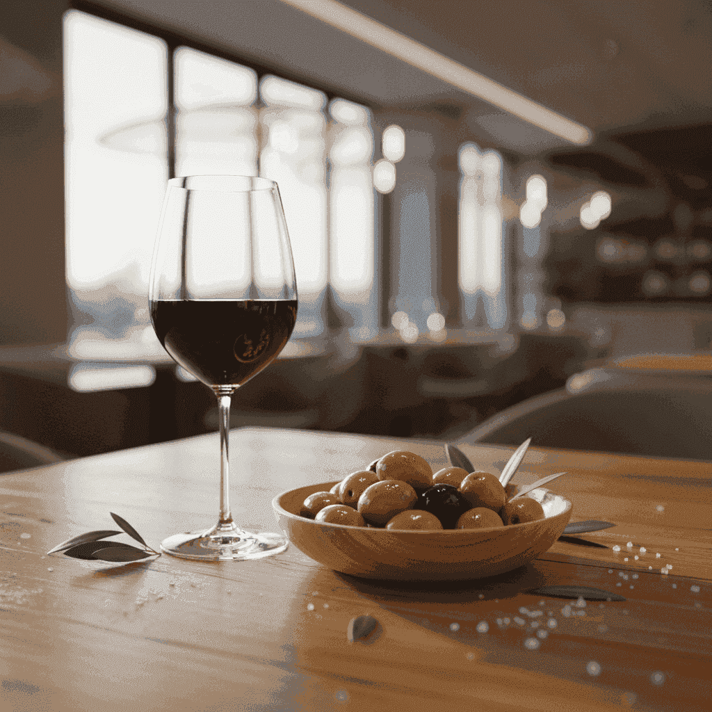 A small bowl of green olives and a glass of red wine on a wooden table, suggesting a simple yet elegant starter.