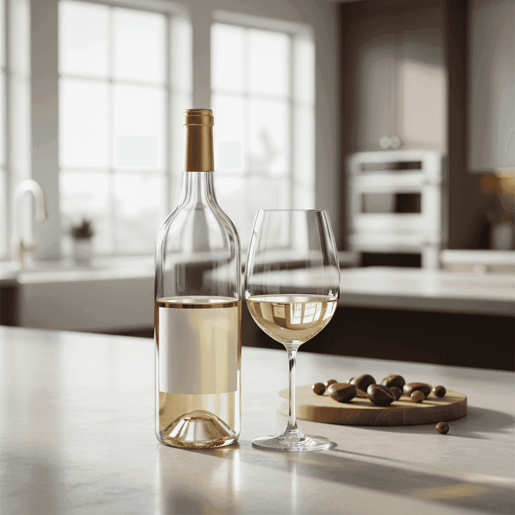 Bottle of Chardonnay next to a glass of white wine.